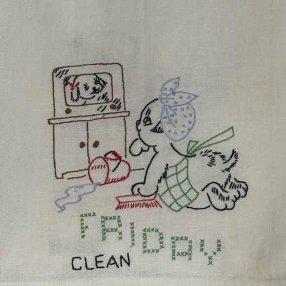Vintage Complete Set 7 Days of The week Embroidered Dish Towels Oh So Cute Dog - Picture 11 of 15